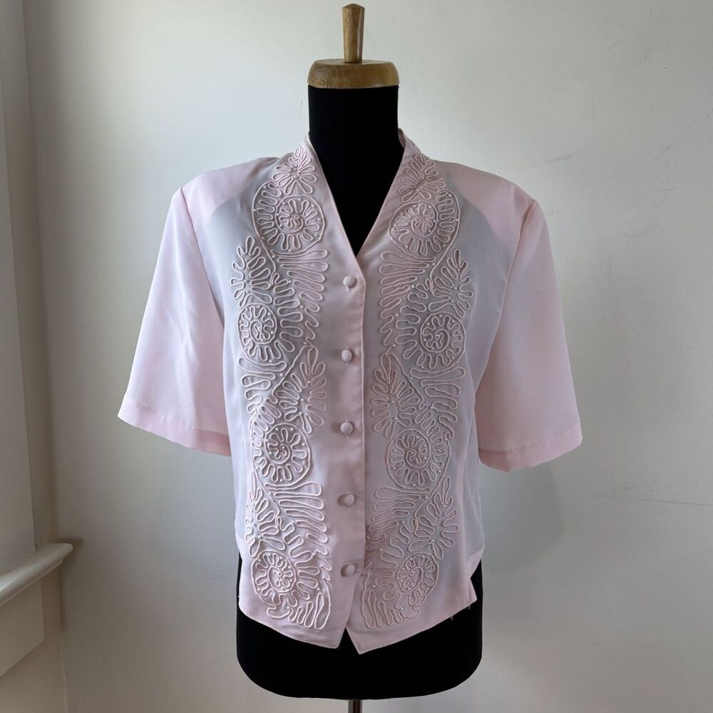 Vintage Pink Sheer Cropped Blouse Textured Applique Short Sleeve Button Top